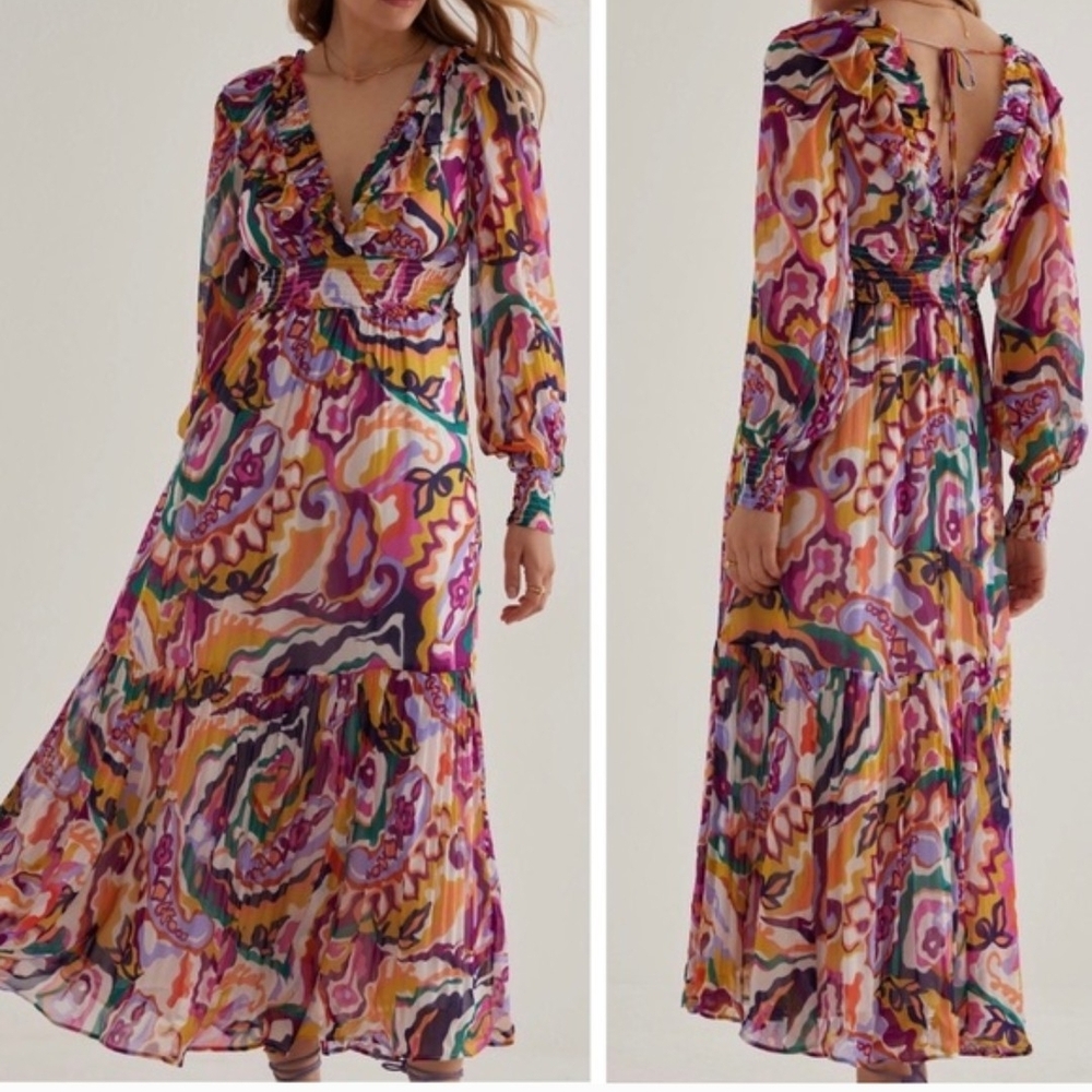 Odetta Anthropologie Multicolor Swirl Print Maxi Dress